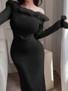 Modelyn Women's Solid Color Fuzzy Off-Shoulder Long Sleeve Ruched Fitted Dress, Elegant - Black - View 2