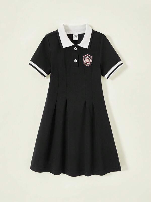 SHEIN Young Girls Casual Knitted Polo Collar Short Sleeve Dress, Minimalist & Cute, Suitable For School Uniform, Spring & Autumn