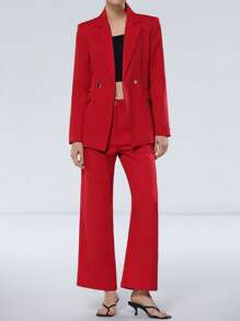 Aveloria Modichic 女士红色通勤风格百搭配色翻领 V 领长袖宽松阔腿裤套装 - 紅色 - 查看 3
