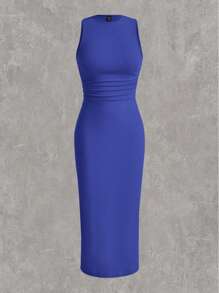 SHEIN EZwear Plus Size Women Crew Neck Sleeveless Casual Solid Knit Bodycon Dress