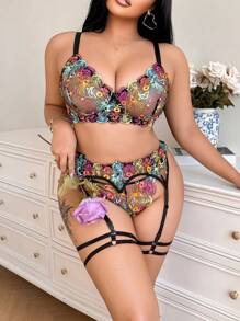 5 sztuk Plus Size Romantyczny Vintage Kolorowy Haft Seksowna Bielizna Zestaw