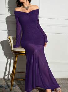 Modelyn Women's Solid Color Long Sleeve Open Shoulder Dress, Simple And Fashionable, Suitable For Summer - Purple - View 6