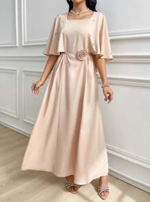 Modelyn Women's Simple & Fashionable Arabic Style Summer Dress Formal Dresses For Women Elegant - Apricot - View 2