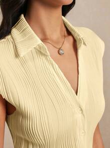 Poéselle Casual Minimalist Plain Color Textured Front Button T-Shirt - Yellow - View 3