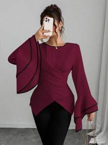 Calvaya Camicia aderente da donna con colletto alla coreana, maniche a doppio strato con volant