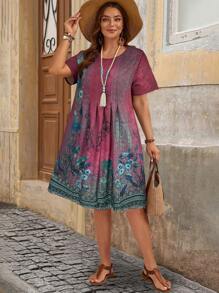 EMERY ROSE Vestido de verano con estampado floral verde para mujer de talla grande, estilo campestre
