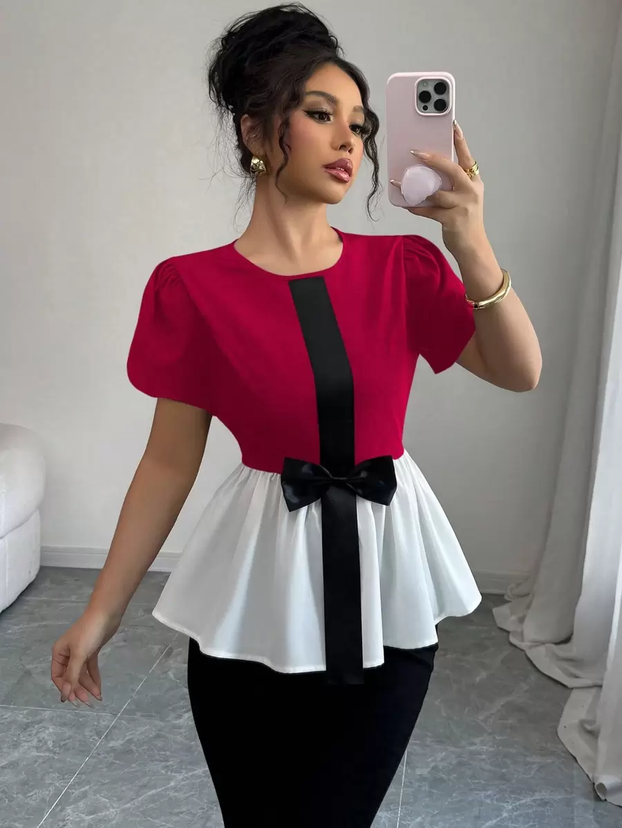 Elenzga Crew Neck Color Block Bowknot Ruffles Petal Sleeve Babydoll Blouse, Peplum Top, Casual Work Wear Two Pieces Look - Red - View 1