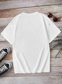 Women's Casual T-Shirt, Pink Letter & Bow Print Loose Round Neck Tee