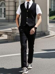 SHEIN 2pcs/Set Teen Boy Gentleman Suit: Slim Fit Vest + Textured Trousers, Elegant Formal Outfit For Birthday, Party, Wedding, Graduation Ceremony, Pageboy