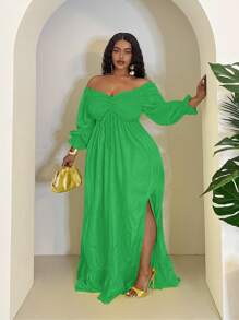 Veslaya Plus Size Spring/Summer Vacation Solid Color Sleeveless A-Line Dress With Off Shoulder, Ruffle Trim & High Slit, Casual Versatile - Green - View 5