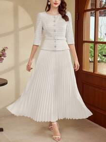 Vintamour Váy midi dệt kim Jacquard thanh lịch cổ điển dành cho nữ, váy xếp ly dài đến đầu gối có tay áo 3/4, váy trắng siêu dài, xuân/hè - trắng - Xem 5