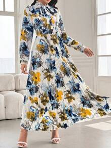 Modelyn 女士系带领褶皱连衣裙，搭配渐变色花朵印花，超长女士装长款晚礼服 - 白色 - 查看 4