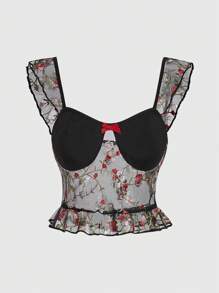 ROMWE Goth Women's Cap Sleeve Mesh Embroidered Rose Blouse - Multicolor - View 1