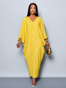 SOLERSUN Women's Spring/Summer Elegant Vacation Solid Color V Neck Batwing Split Hem Long Dress - Mustard Yellow - View 6