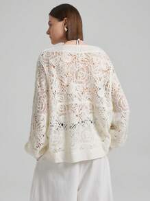 Ontre Women Openwork Knit Cardigan, Minimalist & Fashionable, Elegant & Romantic,Knitted Sweater In Fall/Winter - White - View 3