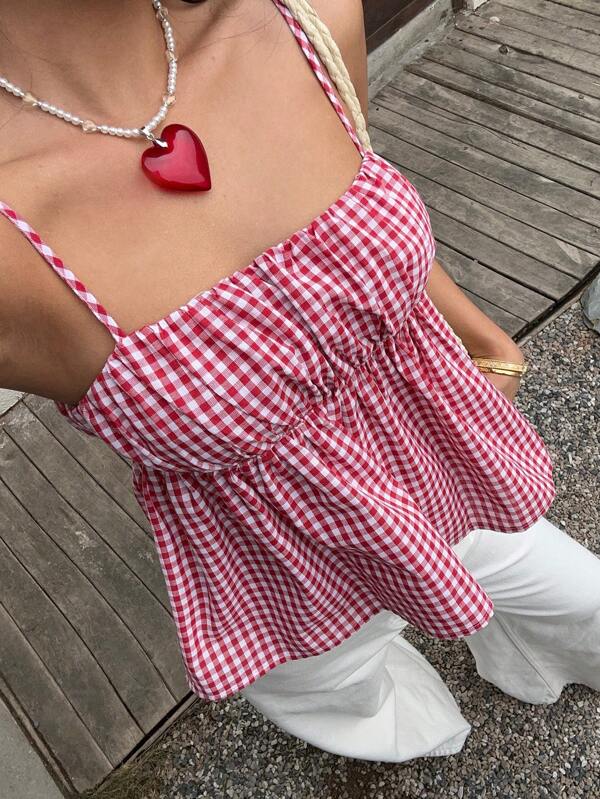 Aloruh Women's Plaid Ruffle Hem Casual Camisole Top Concert Women Vacation Woman Spring Top Beach Crop Tops Rave Festival Spring Break Boho Women Red Rave Pink Cute Summer Tops Red Stripes