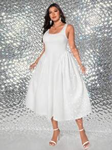 Viva Relle Plus Size Women's Elegant Vintage Minimalist Evening Party Dress With Rhinestone, White, Spring/Summer Fall Cloth For Women - White - View 4