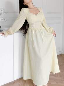 Modelyn 奶油黄色浪漫荷叶边系带长裙，女士夏季