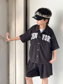 SHEIN 2pcs/Set Young Boys Letter Printed Short Sleeve Shirt And Shorts - Black - View 5