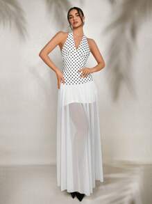 Aloruh Black & White Polka Dot Contrast Color Block Casual Dress, Stylish & Suitable For Summer, Fairycore - Black and White - View 3