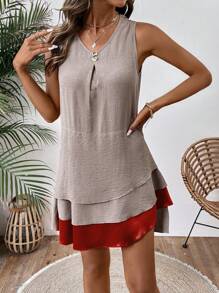 SHEIN LUNE Women's Contrast Buttons V-Neck Sleeveless Ruffle Hem Dress - Grey - View 5