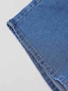 SHEIN Essnce Casual Washed Front Button Slim Fit Denim Shorts - Medium Wash - View 3