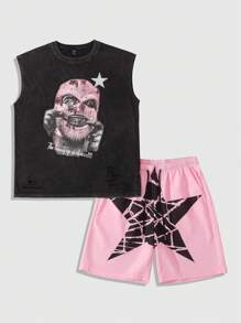 ROMWE MEN Street Life Men's Hip Hop Figure & Star Print Washed Tank Top & Shorts Set - Black - View 1