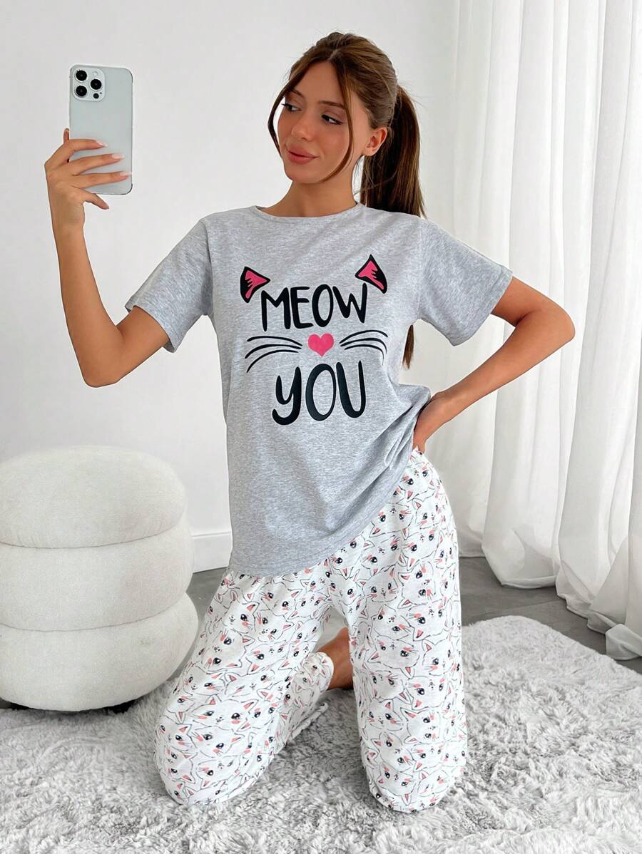 RueChic Women Cotton 2 Pcs Contrast Colour Meow Prited Short Sleeve Shirt And Cat Pattern Sleep Bottom PJ Set - Grey - View 1