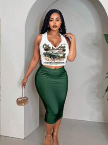 Veslaya 2pcs/Set Casual Retro Car Printed Plus Size Summer Outfit Suitable For Going Out - Dark Green - View 8