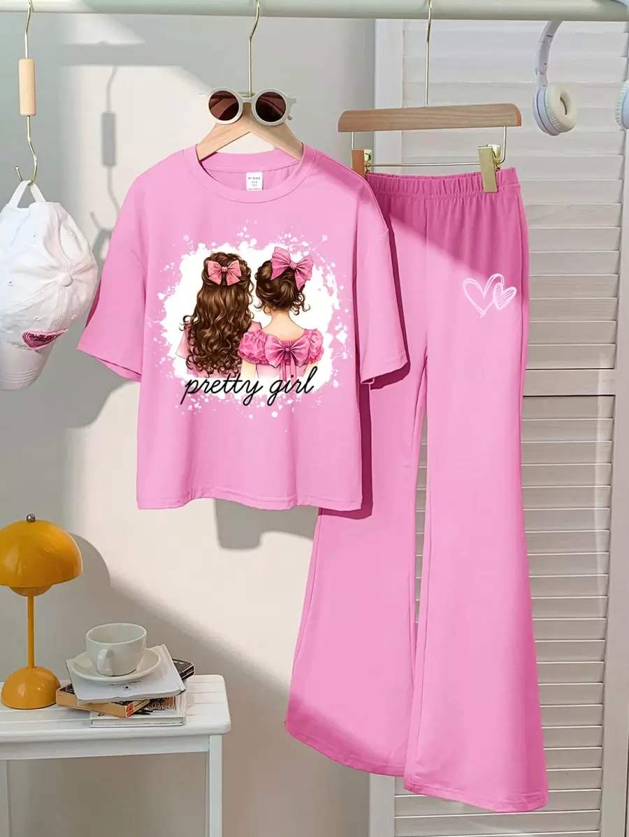 SHEIN Leap Crew Tween Girls' Casual Minimalist Short Sleeve Top And Pants 2pcs Set, Suitable For Summer - Lilac Purple - View 1