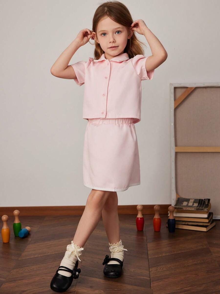 PrepCrw Young Girls 2pcs/Set Pink Chiffon Jacket Top And Pink Pleated Mini Skirt, Spring/Summer - Pink - View 1