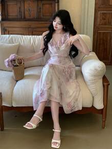 DAZY Mid-Length Floral Ruffle Slit Women Dress Prom Dress Sundress