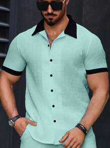 Manfinity Homme Short Sleeve Casual Shirt, Suitable For Summer, Mint Green Outfit Men