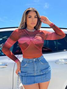 SHEIN SXY Brown/Purple Tie-Dye Tie Dye Print Sexy Mesh Asymmetrical Ruched Bust Fitted Long Sleeve Bodysuit, Versatile Top Wear For Music Festival, Casual Outings, Gatherings, Parties, Nightclubs, Dates, Vacations, Beach - Multicolor - View 5