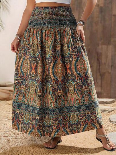 Breezaya Plus Size Women's Retro Print Drawstring Waist Maxi Holiday Skirt Fall Cloth For Women