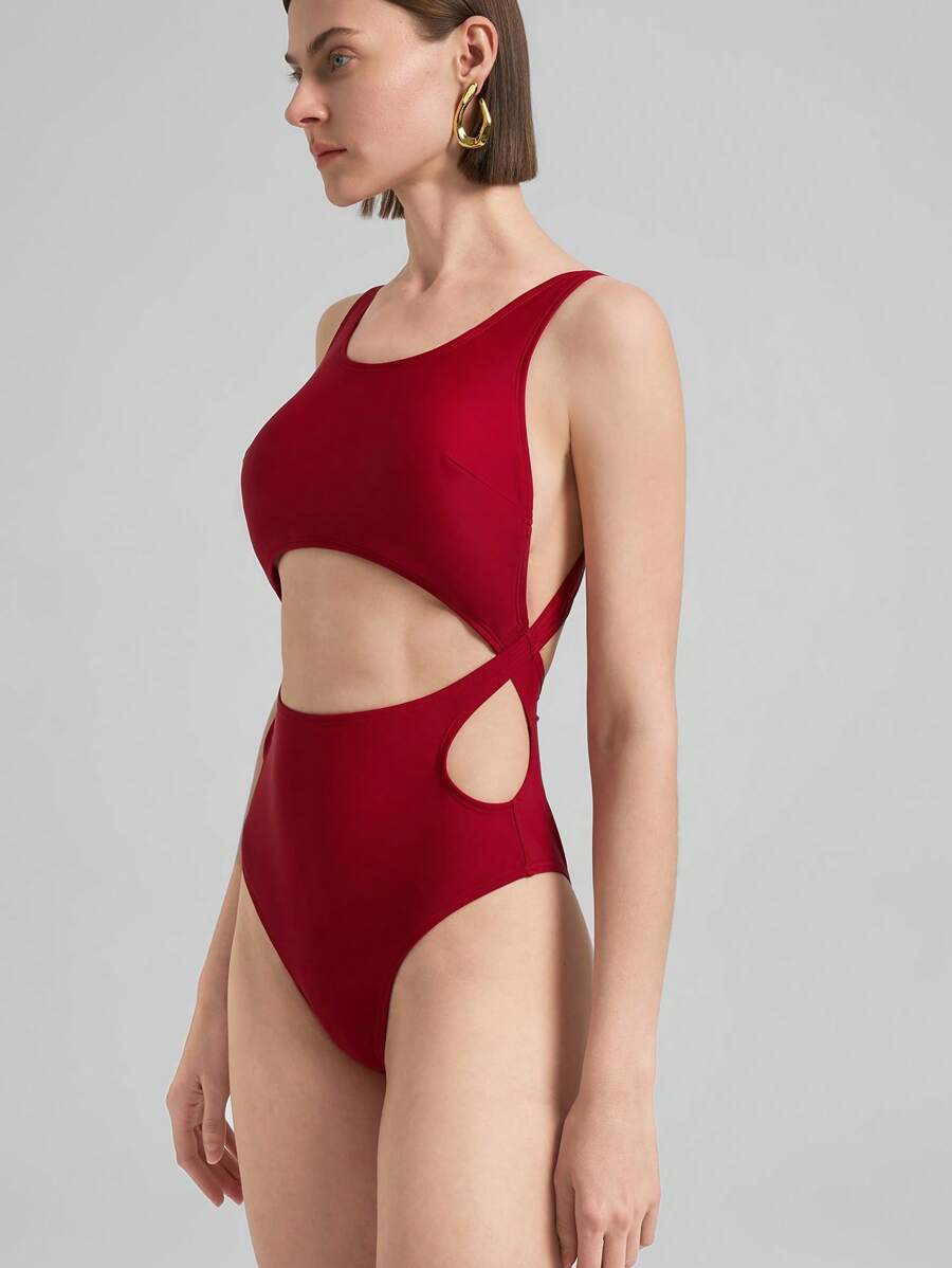 Ontre 斯德哥尔摩风格女教师装，秋季女装，女士连体泳衣，女士时尚泳装，情人节礼物，红色镂空结构连体泳衣，时尚度假泳装，女士度假装 - 酒紅色 - 查看 1
