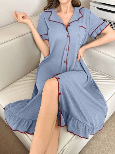 SHEIN Color-Block Turndown Collar Single-Breasted Women's Loose Casual Ruffle Hem Short Sleeve Dress Loungewear, Moo Moo