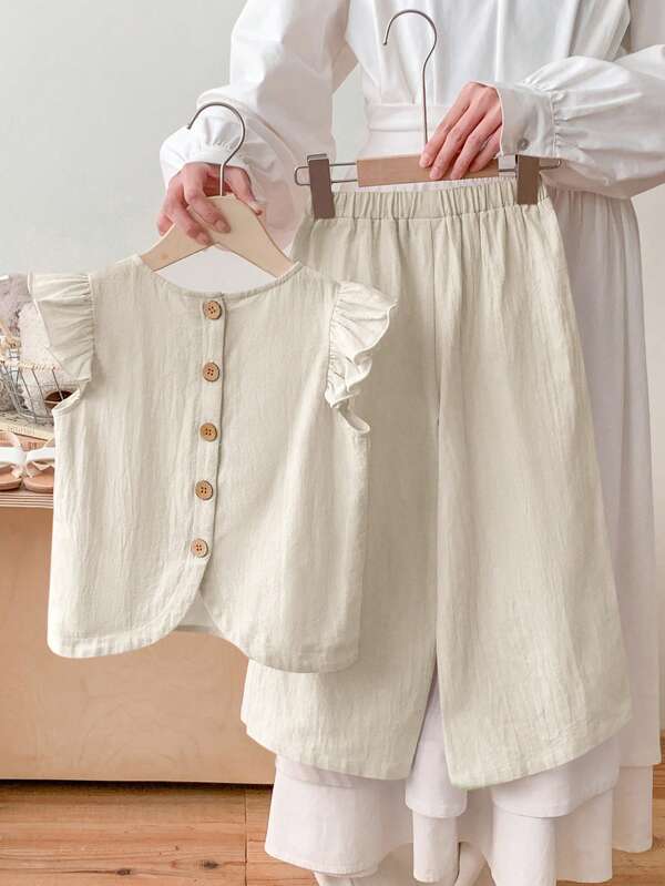SHEIN LMoss Kids LMoss 2pcs Set Young Girl Woven Plain Round Neck Ruffle Trim Casual Blouse & Loose Woven Pants
