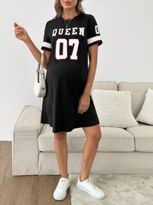 SHEIN Pregnant Women Summer Casual Sports Letter & Number Print Dress