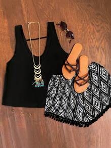 SHEIN LUNE 2pcs Plus Size Women Sleeveless Printed Top & Shorts Vacation Set - Black - View 1