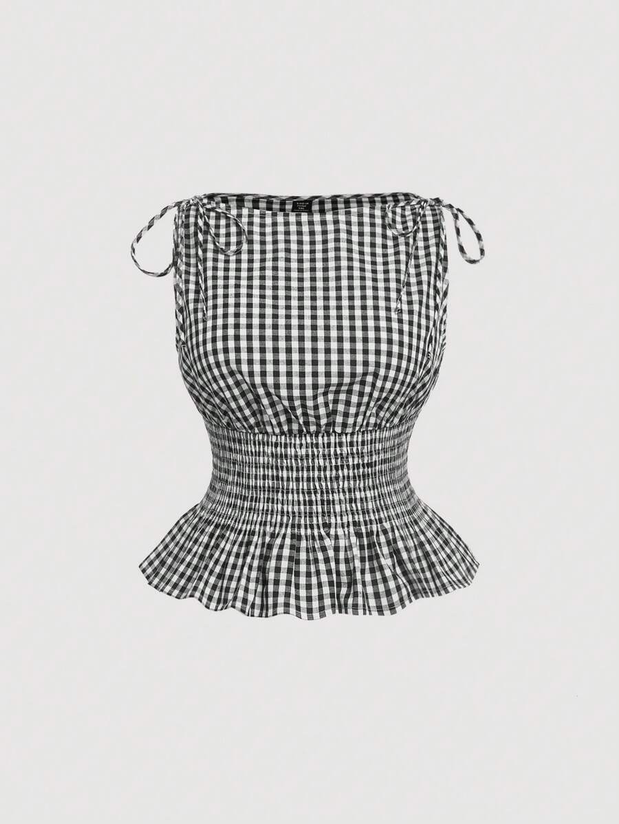 SHEIN MOD Áo ba lỗ thắt eo kẻ caro đen trắng cỡ lớn. Áo mùa hè dễ thương - Đen và trắng - Xem 1