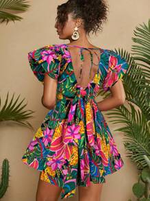 Travachic Summer Beach Woman Tropical Print Butterfly Sleeve Dress - Navy Blue - View 3