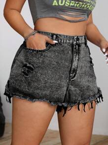 SHEIN ICON Plus Size Women's Casual Distressed Pockets Washed Denim Shorts - Grey - View 6
