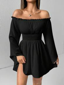 SHEIN PETITE Vestido blanco con volantes en los hombros, mangas abullonadas con flecos y mangas campana