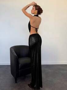 Aloruh Party & Prom Neck Tie Plunge Draped Neck Sexy Backless Tank Top + Low Waist Asymmetric Hem Long Skirt Set