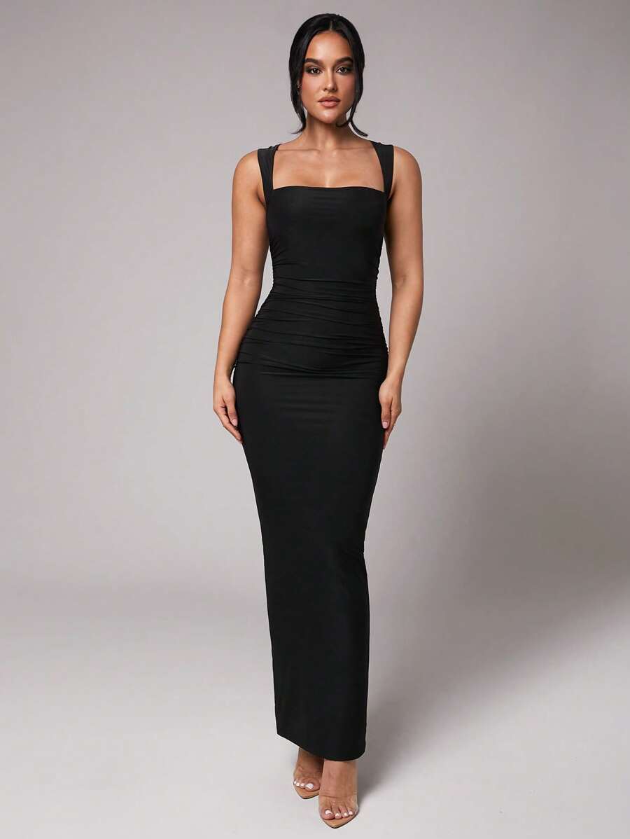 Silquee 黑色无袖褶皱修身连衣裙，通勤百搭，情人节和约会浪漫，春夏 - 黑色 - 查看 1