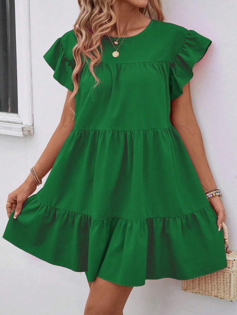Balvessa Đầm babydoll rộng rãi cổ tròn màu trơn mùa hè cho nữ có viền bèo nhún trang phục đi biển - Màu xanh lá cây đậm - Xem 1