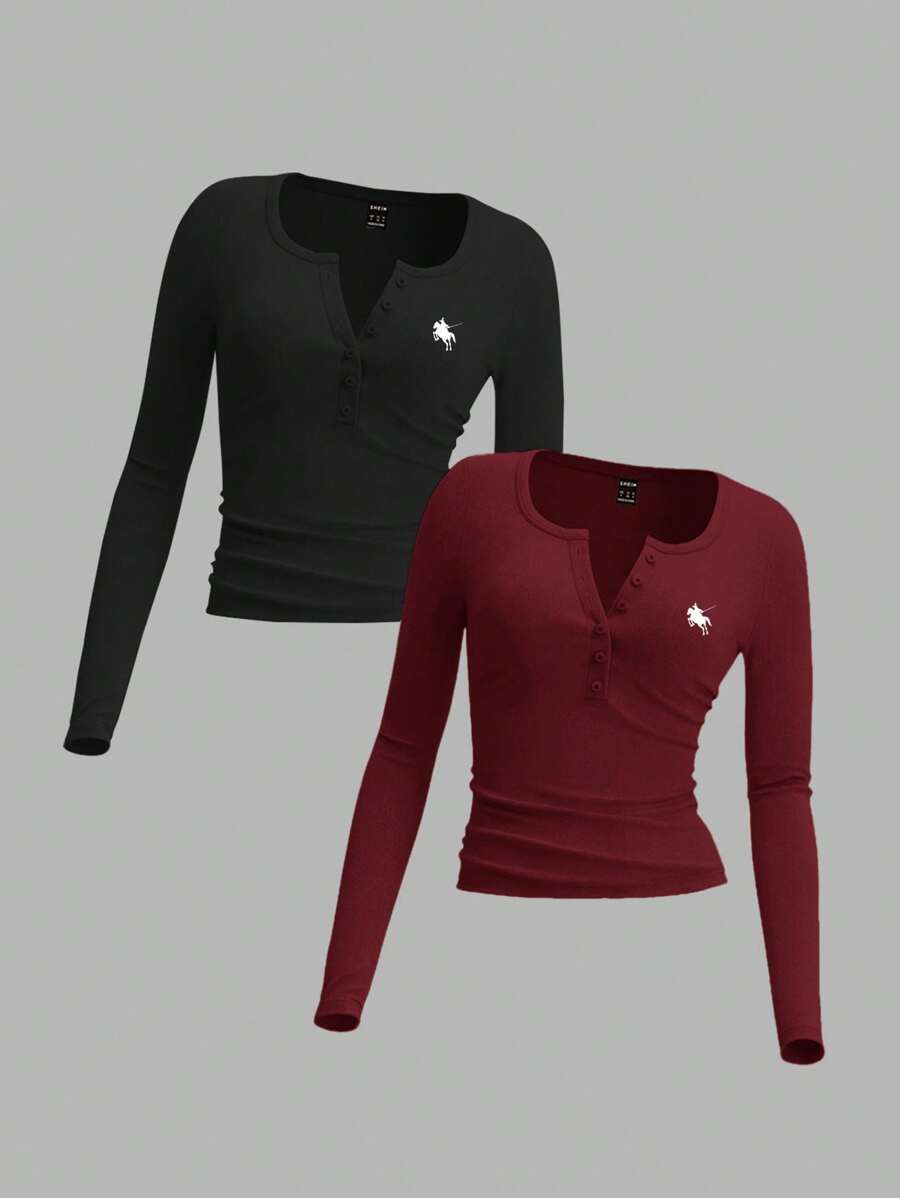 SHEIN EZwear 2pcs Casual Minimalist Horse Pattern Knitted Long Sleeve T-Shirt For Women - Multicolor - View 1