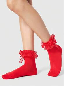 ROMWE Kawaii Calcetines hasta el tobillo para mujer con decoración de volantes y moño de encaje dulce