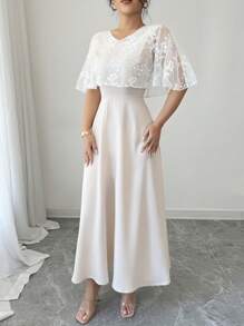 Rafferiza Casual Vacation Vest With Attached Shawl & Long Mesh Elegant Dress - Apricot - View 5